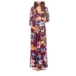 Mother Bee Maternity Floral Maxi Dress - Burgundy Multi